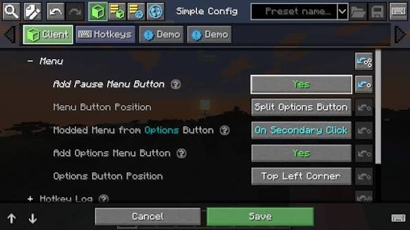 Minecraft configuration screen with menu options